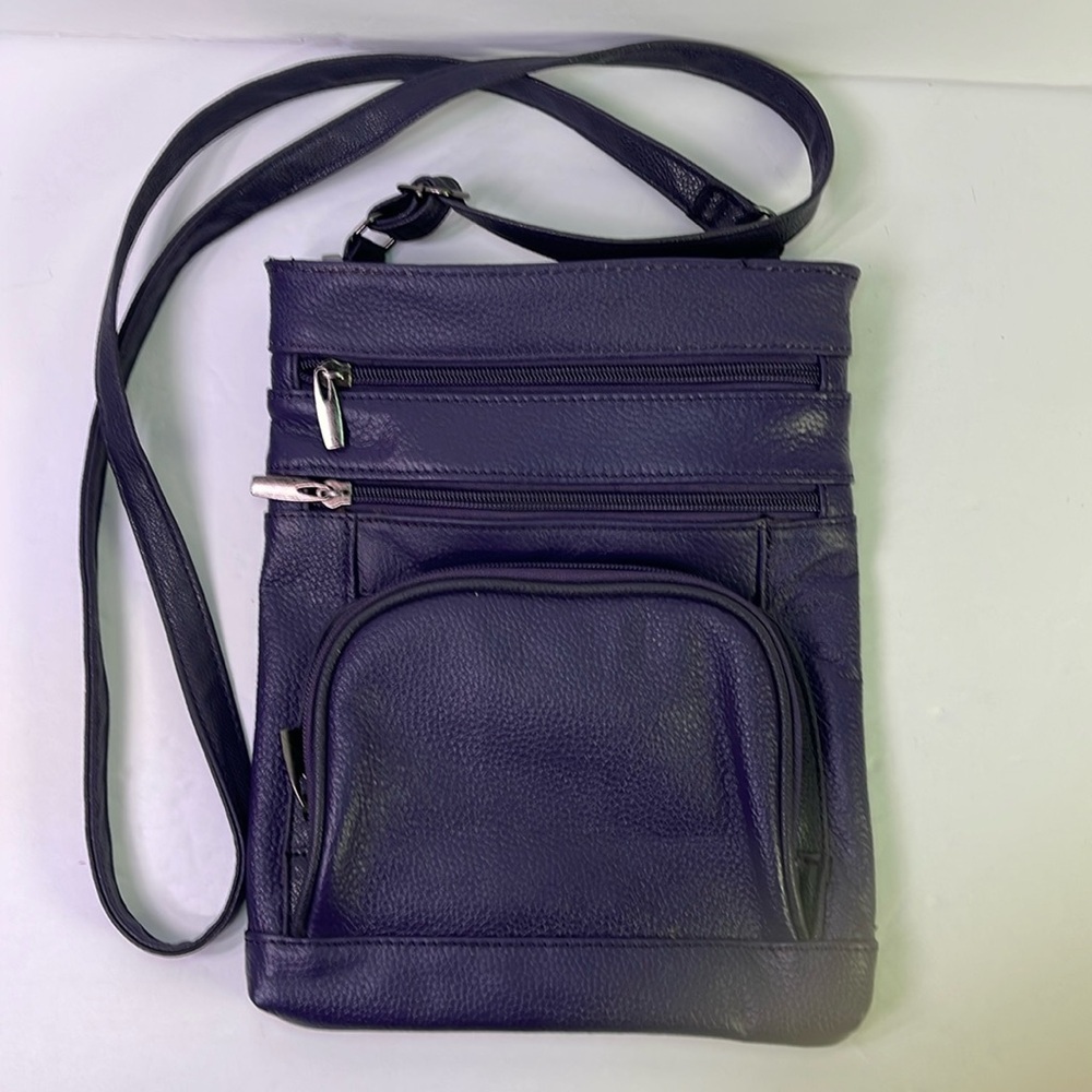 Dark Purple Leather Crossbody Bag with Multiple Zipper Compartments